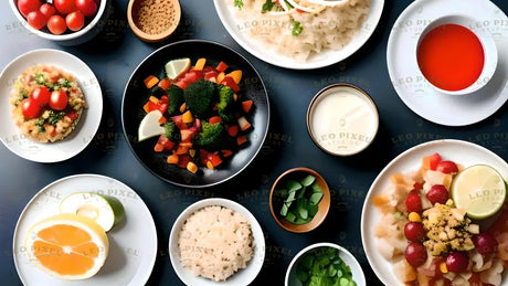 An overhead view of a colorful assortment of dishes arranged on a dark surface. Plates include fresh vegetables like broccoli, tomatoes, and lime wedges. There are bowls of grains, creamy sauces, and bright orange juice. A variety of textures and colors—red, green, orange, and white—create an appetizing and visually appealing layout of a vibrant meal spread. Ai generated. Flat lay photography style.