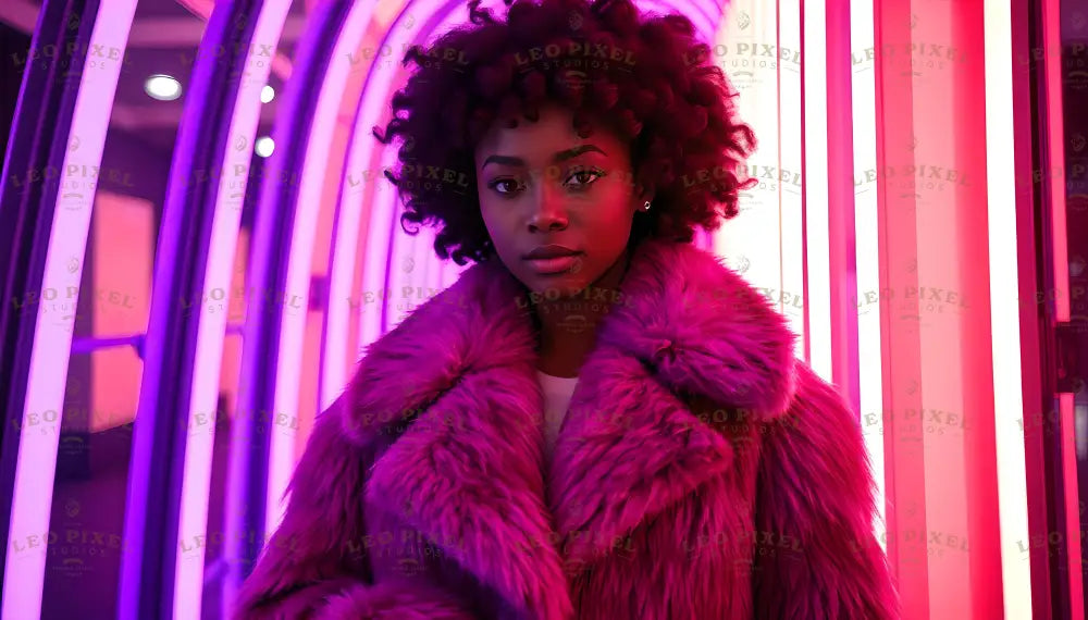 A stylish woman with natural curly hair stands confidently in a vivid neon-lit hallway. She wears a bold pink fur coat, complementing the vibrant glow of magenta and pink lights reflecting around her. Her calm yet striking expression is framed by soft, gradient hues, while subtle details like small earrings and soft lighting enhance the sophisticated and modern atmosphere. Ai generated. Photography style.