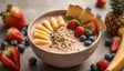 A colorful smoothie bowl topped with fresh mango slices, strawberries, blueberries, and pineapple wedges. A central sprinkle of chopped nuts adds texture. Surrounding the bowl are additional fruits, including strawberries, blueberries, a banana, and a pineapple, all placed on a smooth surface, creating a vibrant, wholesome presentation. Ai generated. Photography style.