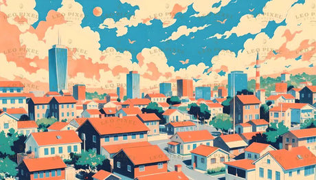 This stylized artwork showcases a charming suburban scene with rows of houses featuring bright red roofs, nestled among lush green trees. In the distance, modern skyscrapers and a striped tower rise under a pastel sky filled with soft clouds and birds in flight. The vivid colors and serene composition blend urban growth with a peaceful suburban ambiance, capturing a harmonious community setting Ai generated image.