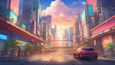 This anime-style image portrays a serene yet vibrant city street bathed in the golden hues of a setting sun. Towering buildings adorned with colorful neon signs line the avenue, while a sleek pink car and scattered pedestrians add life to the scene. Elevated walkways and lush greenery bring a perfect blend of modernity and nature to this captivating urban vista. Ai generated image.