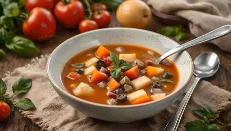 A ceramic bowl filled with a colorful vegetable soup featuring diced carrots, potatoes, olives, and red onions in a rich tomato broth. Garnished with fresh basil leaves, the soup sits on a rustic wooden table surrounded by ripe tomatoes, green basil sprigs, and a beige cloth napkin. A silver spoon and ladle complete the inviting presentation. Ai generated. Photography style.