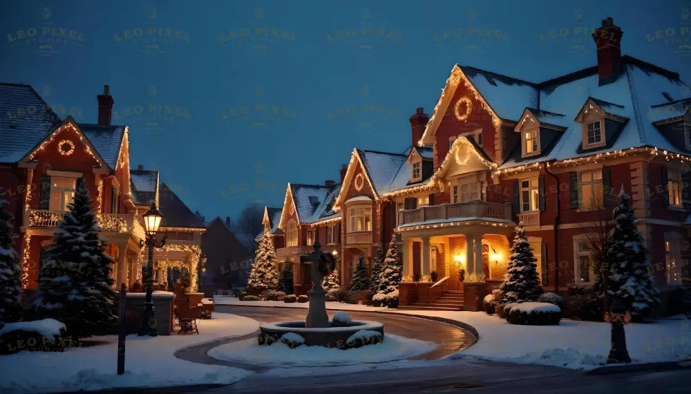 A serene winter evening showcases beautifully decorated Victorian-style homes adorned with glowing holiday lights. The snow-covered rooftops, wreaths, and warmly lit windows create an inviting, festive atmosphere. A central fountain surrounded by snow-dusted evergreens enhances the timeless charm of this idyllic neighborhood, perfect for celebrating the season. Ai generated image.