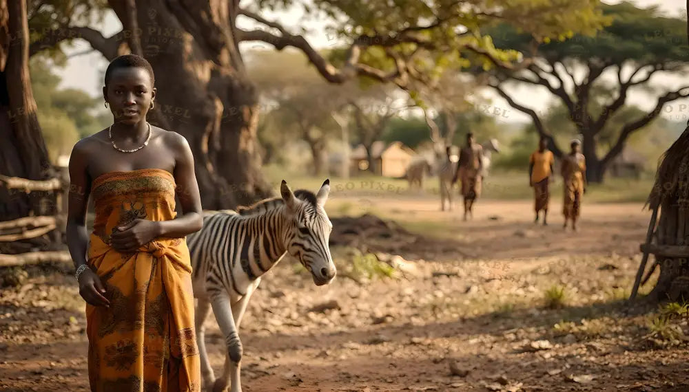 A woman in an orange patterned wrap stands confidently beside a young zebra on a dusty path. Large trees with sprawling branches provide shade, while a few villagers walk in the background near simple huts. The warm sunlight enhances the earthy tones of the scene, highlighting the harmony between the people, animals, and natural surroundings. Ai generated. Photography style.