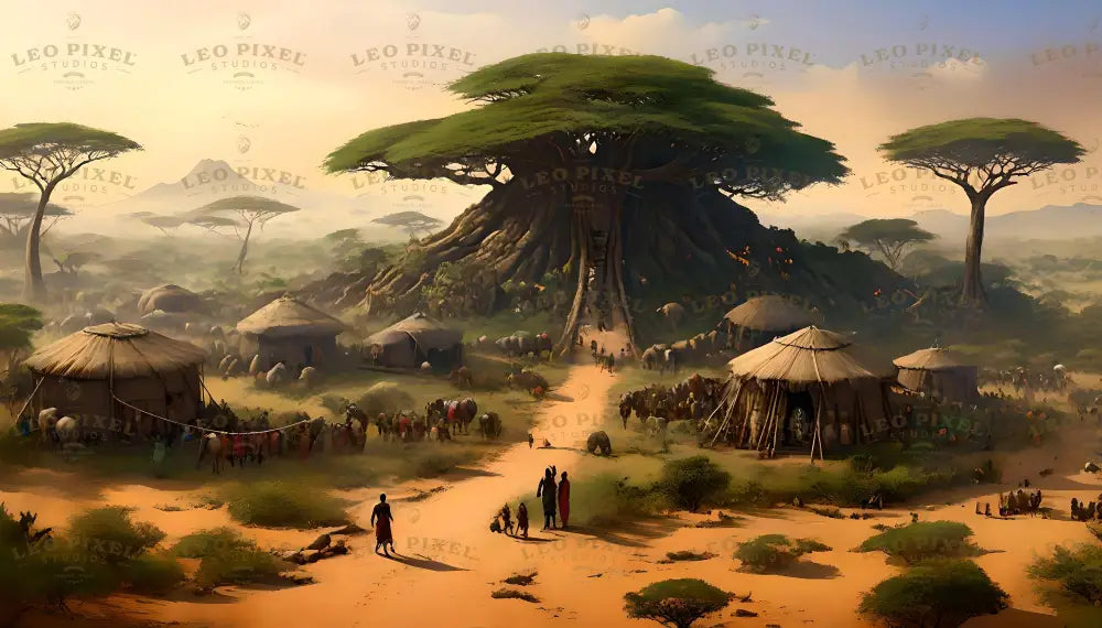 A serene village sprawls beneath a massive baobab tree with thick roots and a towering canopy. Round, thatched-roof huts surround the tree, while people, cattle, and goats populate the sandy pathways. Acacia trees dot the background against a hazy, golden horizon. Distant mountains rise under a calm sky, adding depth to the tranquil scene. Ai generated. Digital art style.