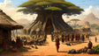 A sprawling baobab tree dominates the scene, its massive trunk serving as a central gathering place. Surrounding it are thatched huts and groups of people engaged in daily activities. Livestock such as goats and cattle move through the dusty paths. Brightly adorned individuals in traditional attire add color, while distant mountains and acacia trees frame the setting. Ai generated. Digital art style.