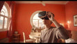 A young individual engages with virtual reality, holding a VR headset in a cozy room bathed in warm, natural light. The vibrant orange walls and soft, arched window create a serene atmosphere, blending technology with the charm of home life, symbolizing innovation in everyday spaces. Ai generated image.