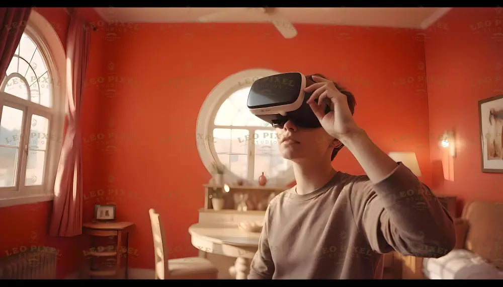 A young individual engages with virtual reality, holding a VR headset in a cozy room bathed in warm, natural light. The vibrant orange walls and soft, arched window create a serene atmosphere, blending technology with the charm of home life, symbolizing innovation in everyday spaces. Ai generated image.