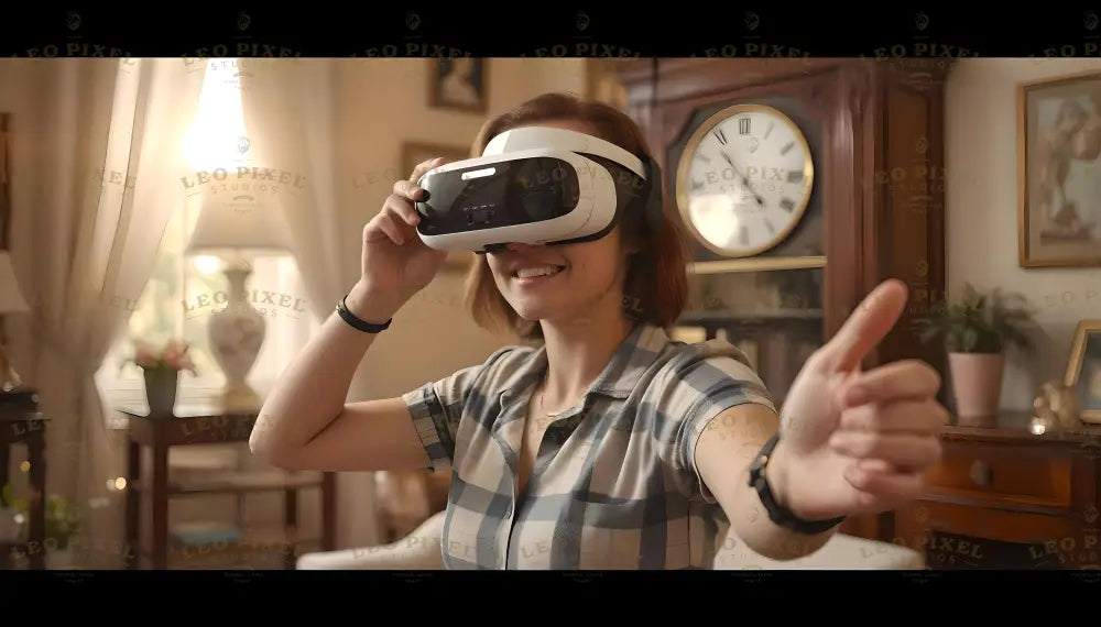 This image features a smiling woman immersed in a VR experience in a cozy, warmly lit living room. Dressed casually, she gestures enthusiastically with a thumbs-up, capturing her delight. A vintage clock, potted plants, and soft furnishings create a charming backdrop, blending the excitement of modern technology with the comfort of a homey atmosphere. Ai generated image.