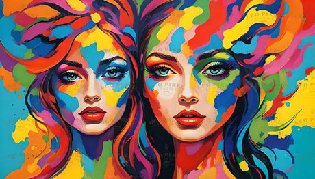 A mesmerizing psychedelic portrayal of twin figures, their faces adorned with an explosion of vivid colors blending seamlessly into their hair. This vibrant artwork captures the surreal harmony of symmetry, individuality, and unity, evoking a sense of dynamic energy and artistic expression in every hue and stroke. The bold, electric palette intensifies their piercing green gaze. Ai generated image.