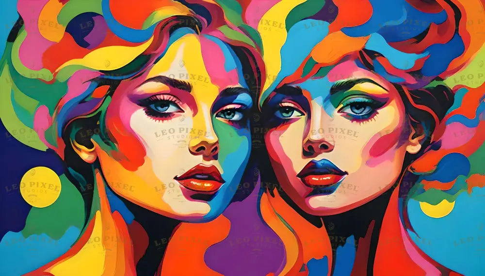 A mesmerizing psychedelic portrayal of twin figures, their faces adorned with an explosion of vivid colors blending seamlessly into their hair. This vibrant artwork captures the surreal harmony of symmetry, individuality, and unity, evoking a sense of dynamic energy and artistic expression in every hue and stroke. The bold, electric palette intensifies their piercing green gaze. Ai generated image.