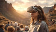 A woman stands immersed in virtual reality, wearing a sleek VR headset, as the warm glow of the sunset envelops her. She appears captivated by the experience while a group of people gathers in the background, possibly on a guided outdoor tour or event. The surrounding landscape features rolling hills and rustic houses, blending the physical world with the digital, highlighting the merging of technology and nature. Ai generated image. Photography style.