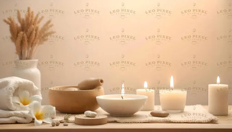 A soft, warm-toned setting features a wooden surface with neatly arranged decor. Lit white candles of varying sizes cast a calming glow. A white vase holds dry beige stalks, while nearby, a folded towel with white flowers adds freshness. A wooden bowl contains smooth stones, and a ceramic bowl holds another candle. The minimal backdrop enhances the serene and elegant display. Ai generated. Photography style.