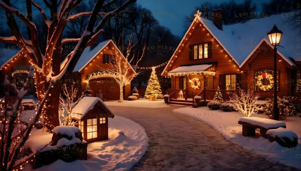 A cozy winter evening scene featuring warmly lit houses adorned with festive wreaths, garlands, and twinkling string lights. A beautifully illuminated Christmas tree stands in the snowy courtyard, while softly glowing lanterns and snow-covered shrubs enhance the magical ambiance. This idyllic setting captures the heartwarming spirit of the holidays. Ai generated image. Photography style.