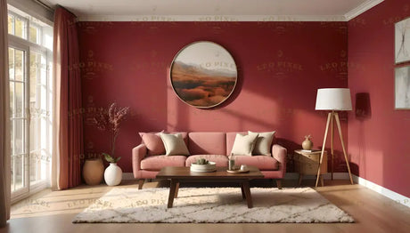 A cozy living room with a deep red wall serves as the backdrop for a light pink sofa adorned with cream and pink pillows. A circular wall art piece depicting a serene landscape is the focal point. A soft rug underlines a wooden coffee table. To the left, long curtains frame a glass door. Elegant vases and a sleek floor lamp add charm to this warm, inviting space. Ai generated. Photography style.