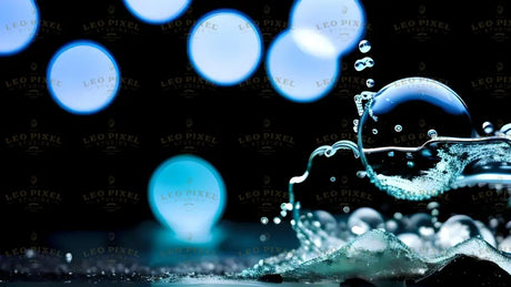 The image captures a close-up of a water bubble suspended in midair, reflecting light. The smooth surface of the bubble is surrounded by tiny water droplets. The background is deep black, with soft blue bokeh lights adding contrast. The water surface shows ripples and foam, with reflections shimmering in the light. The focus is sharp on the bubble, while the background remains blurred for depth. Ai generated. Photography style.