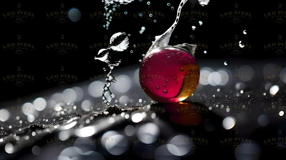 The image captures a vibrant red and amber glass sphere resting on a reflective surface, surrounded by a dynamic water splash. Droplets of water are suspended in midair, with intricate details and sharp reflections. The background is dark with soft, circular bokeh lights in silver and white, adding contrast. The lighting enhances the transparency of the sphere and the clarity of the water movement. Ai generated. Photography style.