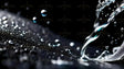 A macro shot of a smooth stream of water pouring onto a textured surface, creating droplets that scatter in various directions. The clear liquid reflects light, forming bright highlights against the dark background. Tiny suspended droplets add depth, while the blurred bokeh effect in the distance enhances contrast. The image captures the fluid motion and sharp details of water in high clarity. Ai generated. Photography style.