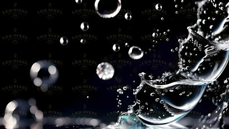 A macro shot of transparent water droplets suspended in mid-air against a dark background. The droplets vary in size and reflect light, creating bright highlights. A large droplet in the foreground catches attention with its smooth, curved surface. The motion of splashing water adds texture, while the sharp details and deep contrast emphasize the clarity of the liquid against the dark setting.AI generated. Photography style.