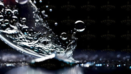 The image captures a high-speed shot of a water splash with droplets suspended in midair. The clear, spherical water droplets reflect light, creating a sharp contrast against the dark background. The water surface is highly detailed, showcasing fluid motion and intricate textures. Small reflections and bokeh elements in the blurred background enhance the depth and sharpness of the liquid movement. Ai generated. Photography style.