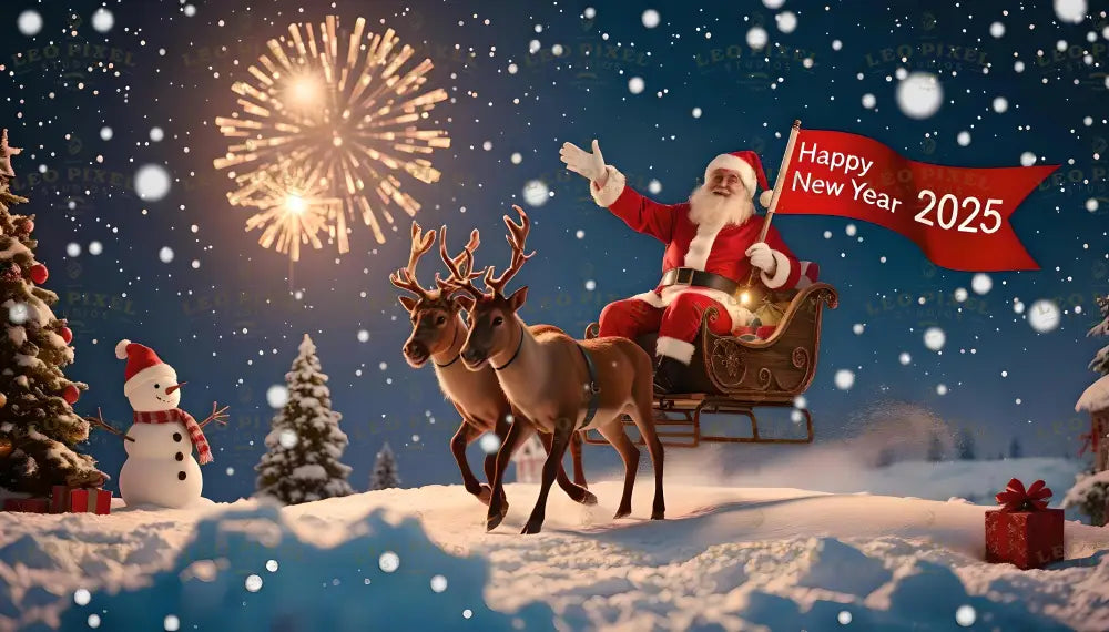 Santa Claus rides his sleigh, pulled by two reindeer, under a snowy night sky illuminated by golden fireworks. Holding a "Happy New Year 2025" banner, he spreads joy and cheer. A festive snowman stands beside a decorated Christmas tree, surrounded by gifts, completing the magical winter scene. Snow gently falls, enhancing the enchanting holiday atmosphere, as the image captures the excitement of a new year filled with wonder and celebration. Ai generated image.