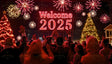 A jubilant crowd gathers under a glowing "Welcome 2025" sign, surrounded by dazzling fireworks that light up the night sky. The atmosphere is enriched by two beautifully illuminated Christmas trees, adding a festive elegance to the event. Attendees, dressed for the occasion, raise their hands in unison, embracing the excitement and optimism of a new year. This vibrant scene encapsulates a sophisticated celebration, symbolizing unity, hope, and the promise of a prosperous 2025. Ai generated image.