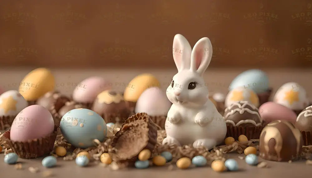 A white ceramic bunny sits among an assortment of colorful eggs and chocolates. The eggs are pastel-colored, some with patterns like stars and dots, nestled in chocolate shells. Scattered mini candy-coated eggs add charm. The backdrop is a warm, blurred brown, creating a cozy contrast to the vibrant details in the foreground. Ai generated. Photography style.