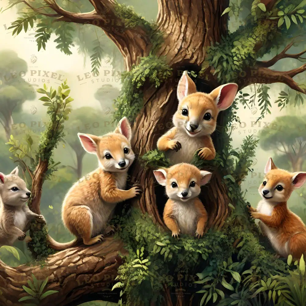 Wild Babies Animals In A Tree Ai Generated Image