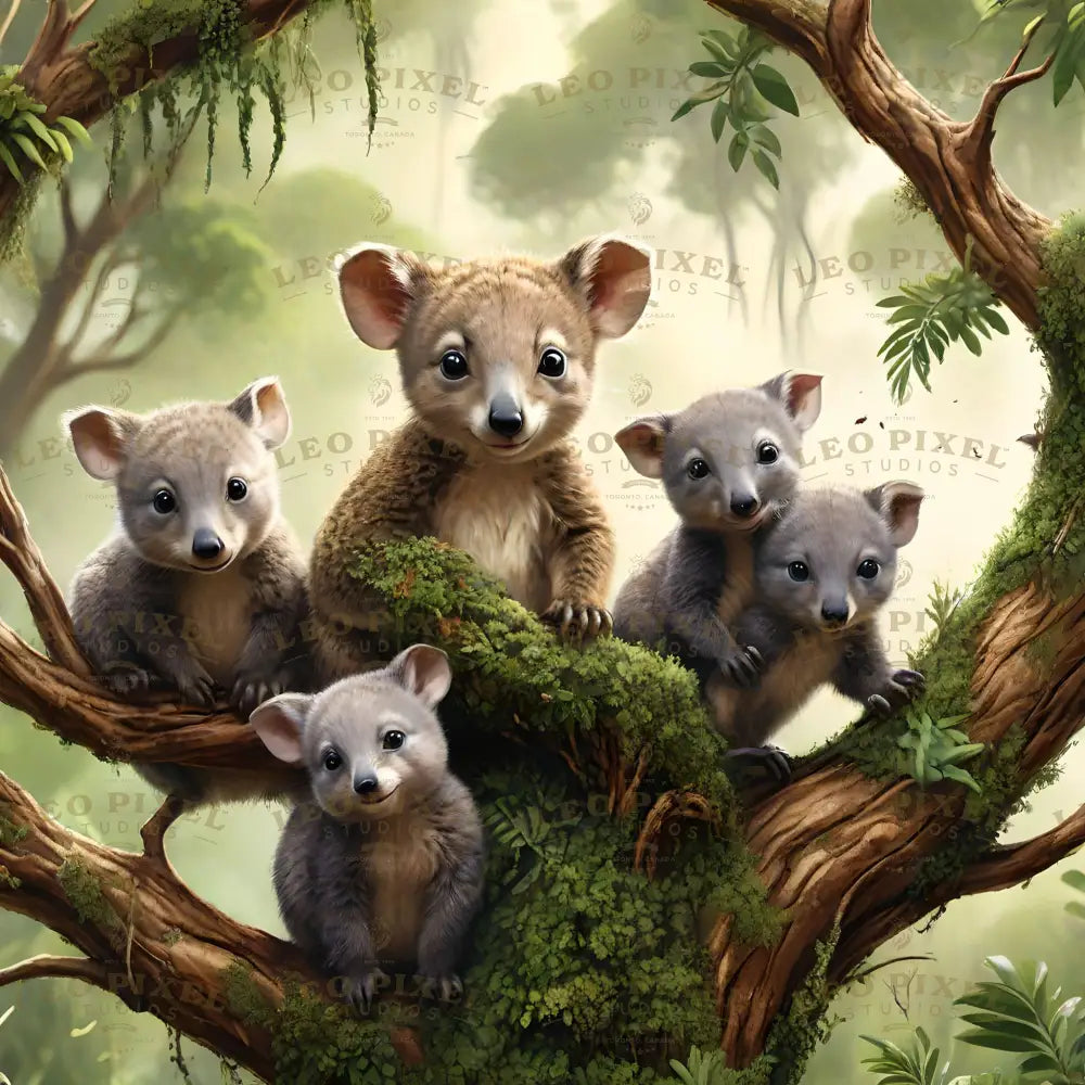 Wild Babies Animals In A Tree Ai Generated Image