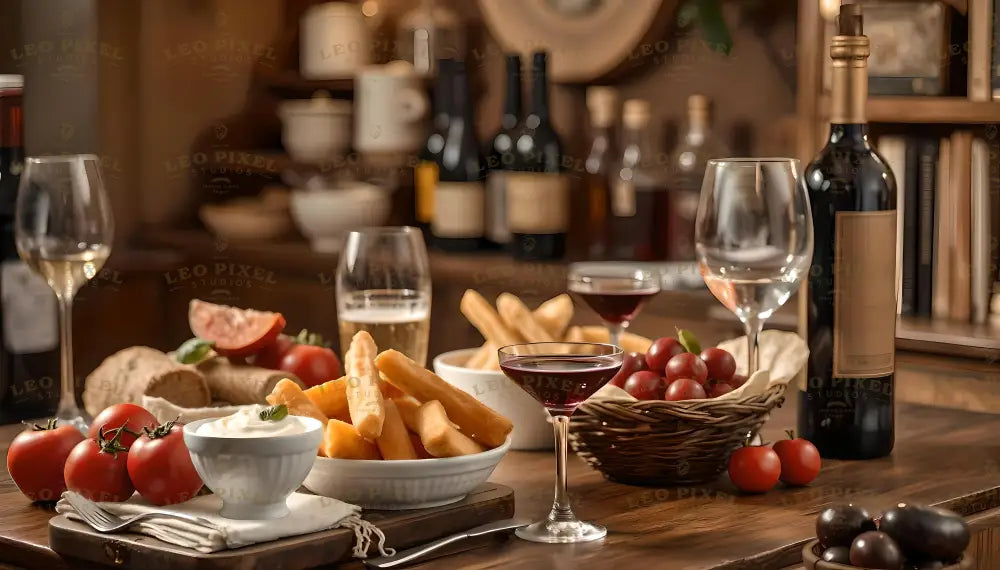 This cozy scene features a table with a variety of appetizers and drinks. A white bowl of golden breadsticks, fresh tomatoes, and a basket of cherry tomatoes create a vibrant centerpiece. Glasses of red wine, white wine, and beer add to the warm setting. The background showcases shelves with bottles and books, completing the inviting atmosphere of a rustic dining space. Ai generated. Photography style.