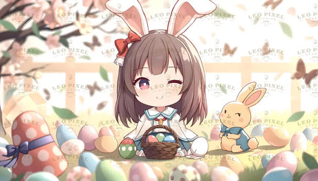 A cute chibi girl with bunny ears and a red bow winks playfully, holding a basket filled with vibrant Easter eggs. Surrounded by pastel-colored eggs scattered on the grass, a small toy bunny wearing a blue bow sits beside her. Soft blossoms, fluttering leaves, and butterflies fill the background, creating a dreamy and cheerful springtime atmosphere. Ai generated. Anime style.