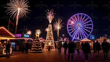 This vibrant winter carnival comes alive with dazzling lights, towering Christmas trees, and a glowing Ferris wheel. Fireworks burst in the night sky, while cozy booths and cheerful visitors complete the festive scene. The golden star atop the tree and the colorful neon signs add charm, blending the warmth of community with the sparkle of holiday magic for an unforgettable night. Ai generated image.