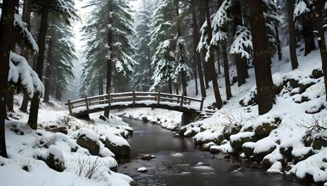 Winter Forest With Bridge Ai Generated Image