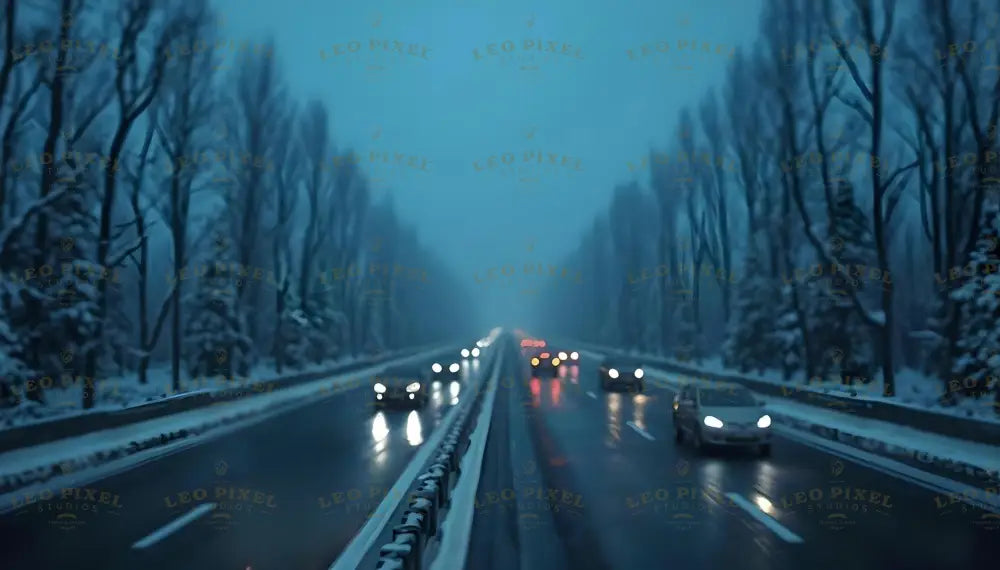 A winter evening unfolds on a quiet highway bordered by snow-covered trees. Dim headlights from scattered vehicles illuminate the wet asphalt, reflecting the tranquil blue-gray tones of the foggy landscape. The scene captures a serene moment of winter travel, evoking both the calm and isolation of a frosty journey. Ai generated image.