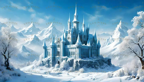 Perched on a snowy plateau, this magnificent castle rises elegantly with its spired towers and frosted battlements, surrounded by majestic alpine peaks. The icy blue facade reflects the serenity of the pristine winter landscape. Frozen trees frame the scene, and a winding path leads to its grand entrance, evoking a sense of regal tranquility in a winter wonderland. Ai generated image.