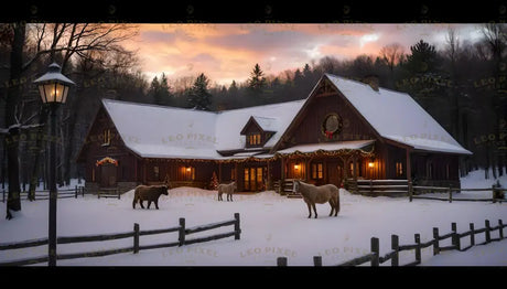 Nestled in a snowy forest, this cozy ranch glows warmly under the evening sky. Rustic wooden beams, festive holiday decorations, and charming string lights frame the cabin. Horses roam peacefully in the snow-covered yard, while a vintage lamppost adds timeless charm. The scene evokes serene winter beauty and festive cheer. Ai generated image.