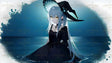 A figure with long, silvery-blue hair stands waist-deep in calm water under a moonlit sky. She wears a dark, ruffled dress and a wide-brimmed witch hat with intricate trim. Her golden, glowing eyes contrast against the serene blue tones of the background. The edges of the image feature a textured border, adding a dreamy, surreal effect. The scene is tranquil with soft reflections on the water. Ai generated. Anime style.