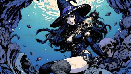 A mystical figure of a witch is seated underwater, surrounded by jagged rocks and scattered skulls. Her flowing dark hair and pointed hat contrast with the glowing blue ocean. She wears a detailed dark outfit adorned with skeletal designs, fish swimming in the background. The artwork blends gothic and fantasy styles with intricate shading and dramatic contrasts. Ai generated. Anime style.