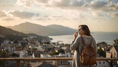 A woman in a light sweater with a brown backpack stands on a wooden balcony, overlooking a serene coastal town. Soft evening light bathes the landscape, highlighting rooftops, hills, and the calm sea. The distant mountains and scattered clouds add depth to the warm, tranquil scene, creating an atmosphere of quiet beauty and reflection. Ai generated. Photography style.