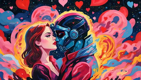 A striking fusion of humanity and technology, the image depicts a woman gazing tenderly at a cyborg against a cosmic backdrop. Radiant pinks, blues, and fiery yellows swirl into heart-shaped clouds, filling the scene with vibrant emotion. The woman’s vivid red attire mirrors the warmth of the surrounding hearts, emphasizing a connection that transcends worlds and beings. Ai generated. Psychedelic style.