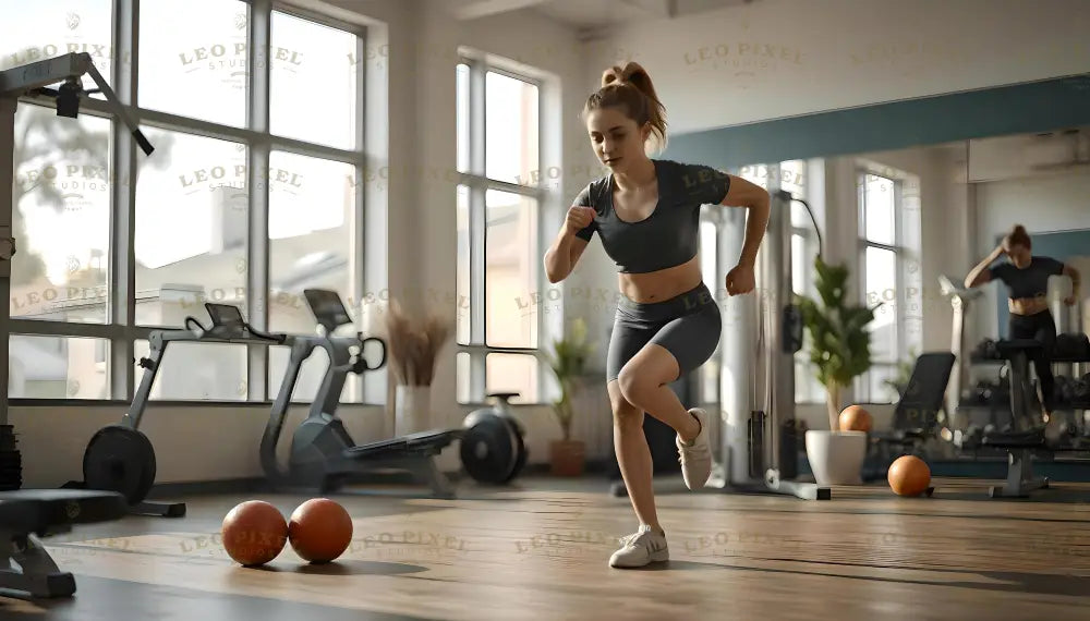 A woman in a dark athletic outfit is mid-motion performing agility drills in a gym. The room is spacious with large windows letting in natural light. Exercise equipment like bikes and weights is visible, along with two orange exercise balls on the wooden floor. Plants add a touch of greenery, and a mirror reflects another person exercising in the background. Ai generated. Photography style.