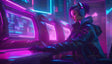 A futuristic scene featuring a woman seated at a high-tech workstation, surrounded by glowing neon screens in shades of pink and blue. She wears a sleek black jacket, gloves, and large headphones. Her hair is styled in a bold undercut, and she appears focused on the digital displays in front of her. The environment reflects a cyberpunk aesthetic, blending technology and style in a vibrant, immersive atmosphere. Ai generated. Neonstyle.