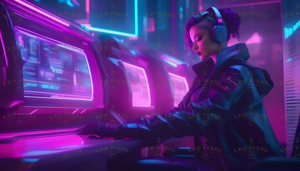 A futuristic scene featuring a woman seated at a high-tech workstation, surrounded by glowing neon screens in shades of pink and blue. She wears a sleek black jacket, gloves, and large headphones. Her hair is styled in a bold undercut, and she appears focused on the digital displays in front of her. The environment reflects a cyberpunk aesthetic, blending technology and style in a vibrant, immersive atmosphere. Ai generated. Neonstyle.