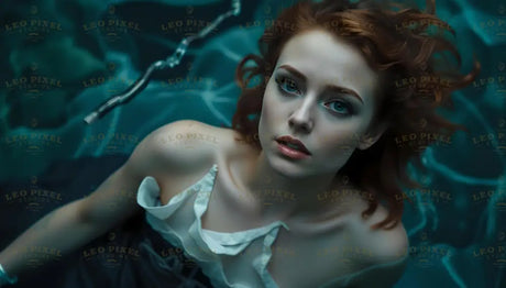 A young woman with fair skin and red wavy hair gazes upward with a soft, intense expression. Her blue eyes stand out against her delicate makeup. She wears a white ruffled top that softly contrasts with her smooth skin. Surrounding her, rippling water reflects soft patterns of light, creating a calming, immersive atmosphere. A slender metallic object floats nearby. Ai generated. Photography style.