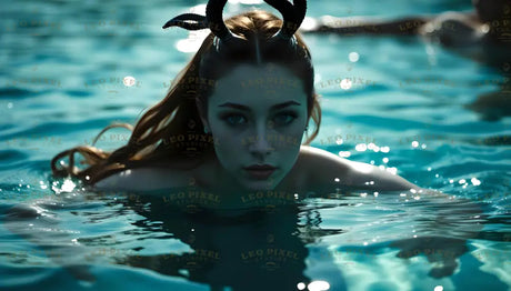 A young woman emerges from clear, sunlit water. Her piercing, focused eyes meet the viewer, framed by subtle makeup and delicate earrings. Her hair cascades over her shoulders, catching the light. Small black, textured horns adorn her head, adding an unusual touch. The rippling turquoise water reflects bright highlights, surrounding her with soft glimmers. Ai generated. Photography style.