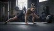 A fit woman in a dark workout outfit is performing a deep stretch in a gym, with one leg extended straight out to the side and her hands on the floor for balance. Her muscles are visibly toned, and her hair is tied in a high bun. The gym is dimly lit, with industrial-style windows and gym equipment, including weights and machines, in the background. Ai generated. Photography style.