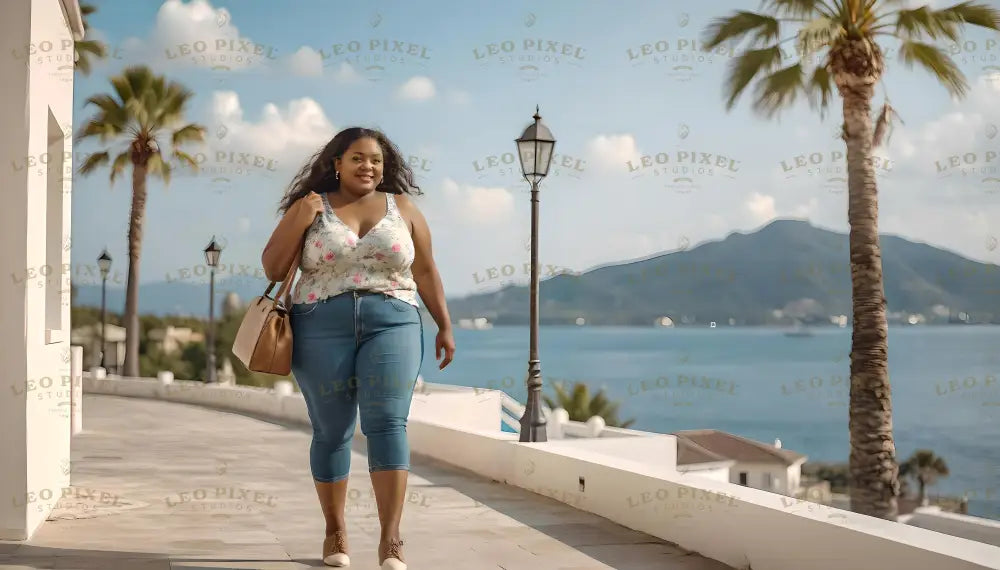 A woman with curly hair walks confidently along a sunlit promenade lined with palm trees and classic street lamps. She wears a floral sleeveless top, fitted jeans, and carries a tan handbag. Behind her, calm blue waters stretch toward distant mountains under a clear sky. The bright setting reflects a serene and cheerful coastal environment. Ai generated. Photography style.