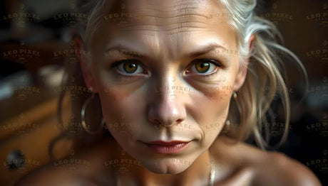 A close-up portrait shows a woman with sharp features, piercing amber eyes, and visible fine lines on her forehead and cheeks. Her lightly freckled skin displays natural tones, complemented by subtle makeup on her lips. She has platinum blonde hair styled loosely, with wisps framing her face. Hoop earrings accentuate her appearance, and soft indoor lighting highlights her expression. Ai generated. Photography style.