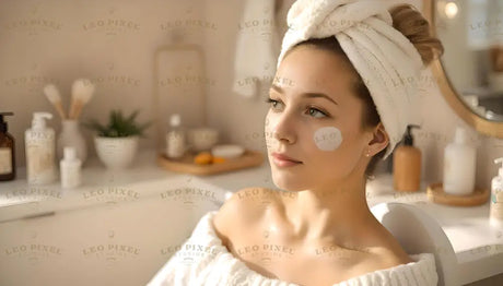 A calm woman with a towel wrapped around her head and a cream spot applied on her cheek sits in a well-lit bathroom. The white countertop holds skincare products, a small potted plant, and neatly arranged brushes. A round mirror and soft natural light enhance the serene atmosphere, complemented by warm wooden and white tones, creating a clean and relaxing environment. Ai generated. Photography style.