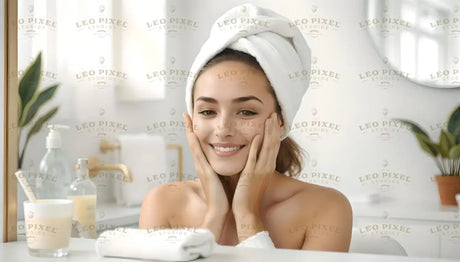 A smiling woman with a towel wrapped around her head gently touches her face in a bright, modern bathroom. The space features a white countertop with neatly placed items, including a pump bottle, a cup, and a folded towel. A round mirror, leafy plant, and soft natural lighting add to the clean and refreshing ambiance of the setting. The gold faucet adds a subtle touch of elegance. Ai generated. Photography style.